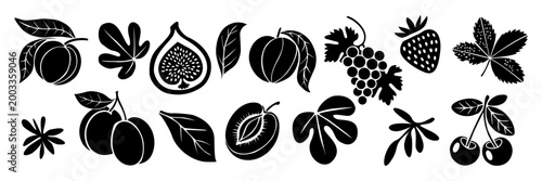 Fruit and leaf silhouettes in bold black against a clean white background. Each shape highlights natural forms, plums, grapes, strawberries, cherries, and more
