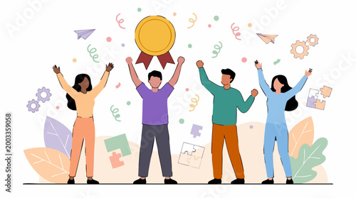 Diverse team celebrating success and achievement with gold medal award