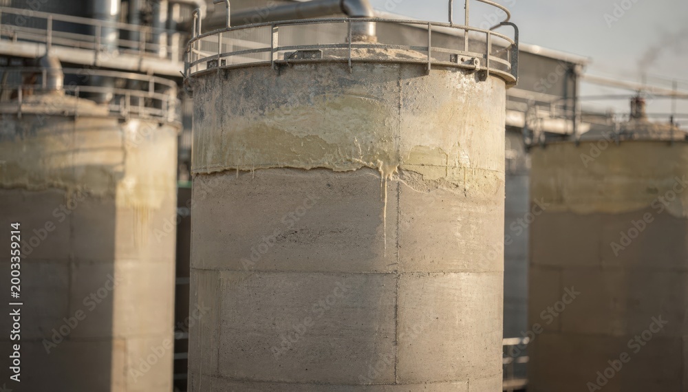 Obraz premium Medium shot highlighting storage silos filled with recycled sand and wax materials central silo in crisp focus while peripheral elements remain soft.