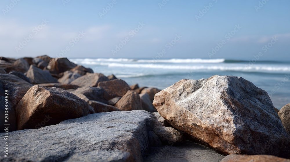 Fototapeta premium Massive weathered boulders stretch along the rocky coastline meeting the calm blue ocean waves under a clear sky
