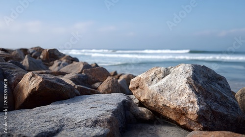 Massive weathered boulders stretch along the rocky coastline meeting the calm blue ocean waves under a clear sky