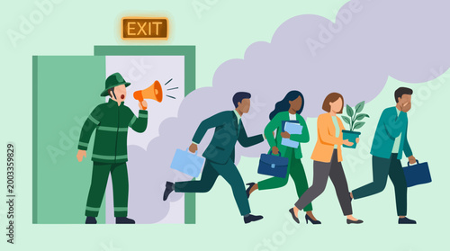 Firefighter directs office workers during emergency evacuation or drill