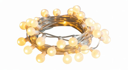 Coiled string of warm white led fairy lights glowing on a plain white background