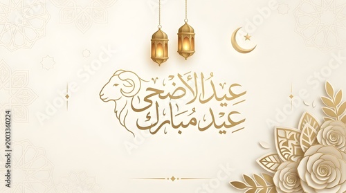 golden eid al adha greeting card with lanterns and crescent moon on floral background