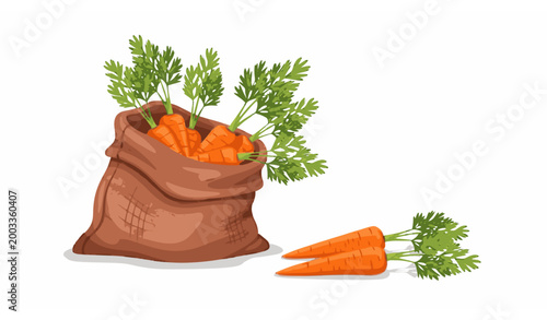 Fresh vegetable sack with carrots and greens cartoon vector illustration isolated on white background grocery concept