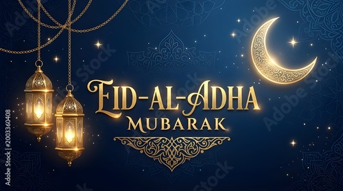 Golden Eid ul Adha Mubarak text with lanterns and crescent moon on starry night