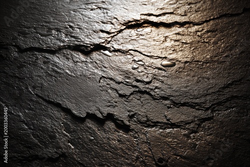Dramatic close-up of wet, dark slate stone with water droplets reflecting golden light.