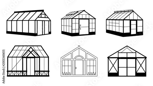 Set of six greenhouse building illustrations with lean to greenhouse building structure conservatory