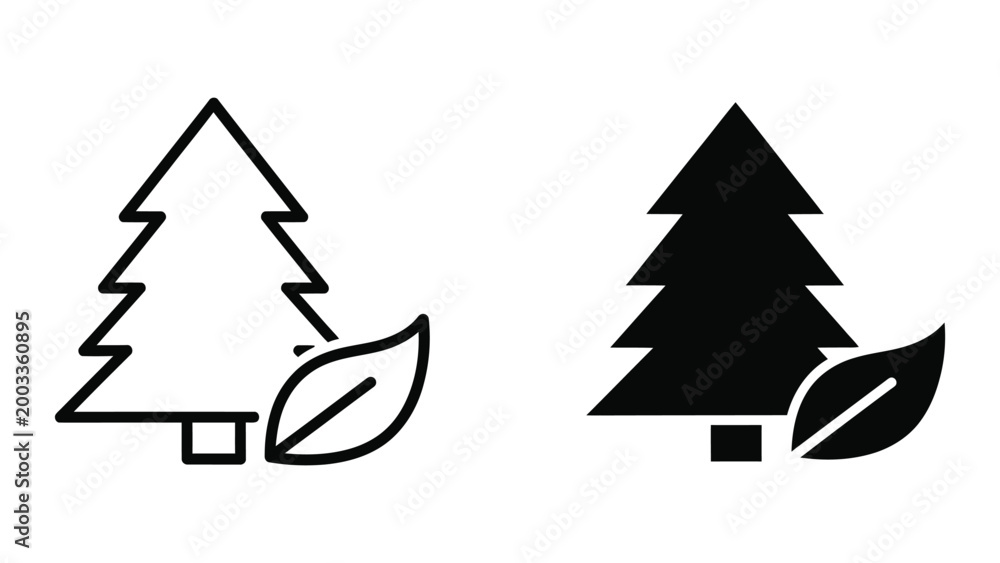 Fototapeta premium Simple black and white christmas tree icon with leaf