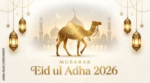 Golden Camel Silhouette Against Mosque Skyline for Eid al Adha Mubarak Celebration