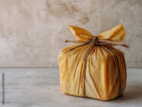 Eco-friendly present wrapped in textured yellow paper with a jute rope bow on a concrete surface.