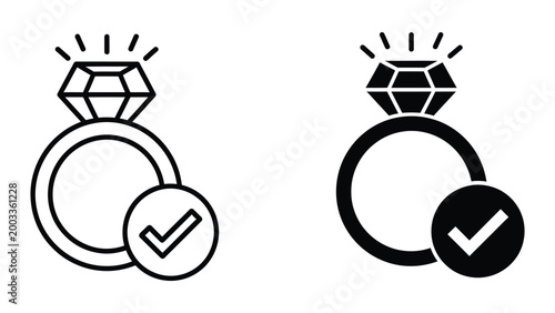 Engagement rings with checkmark icons and diamond sparkles