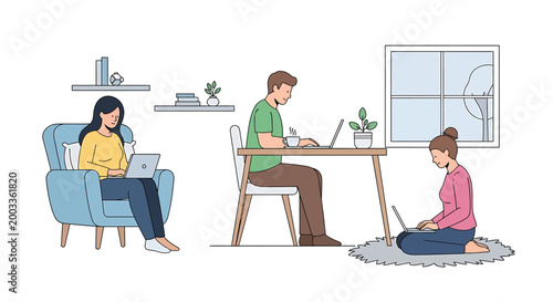 Three people working remotely on laptops in a home environment, illustrating modern work-from-home setups.