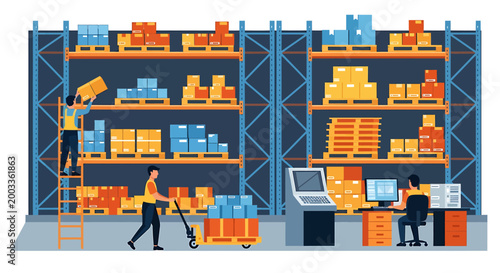 Warehouse interior with workers organizing and moving boxes on shelves and using a pallet jack, with a computer station.