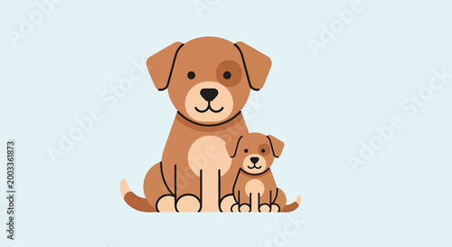 A charming illustration of a mother dog and her puppy sitting side-by-side against a soft blue background.