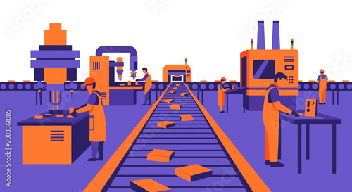 Modern automated factory assembly line with workers overseeing production and robotic machinery.
