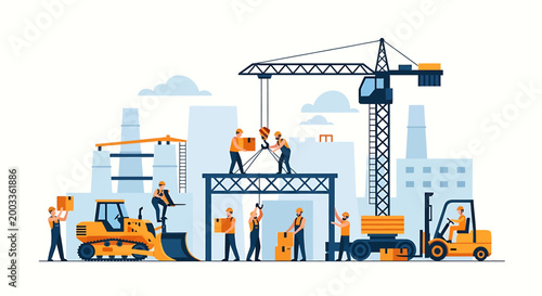 Construction site with workers, heavy machinery, and cranes building structures under a clear sky.
