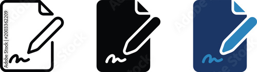 Document signature vector icon with pen in black and blue rounded flat style, editable contract approval and legal agreement symbol for business apps and digital paperwork systems