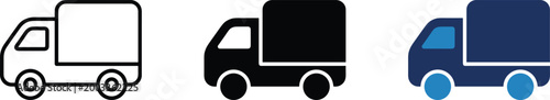 Delivery truck vector icon variants in black and blue rounded flat style, editable shipping and logistics symbol collection for ecommerce platforms and courier service branding