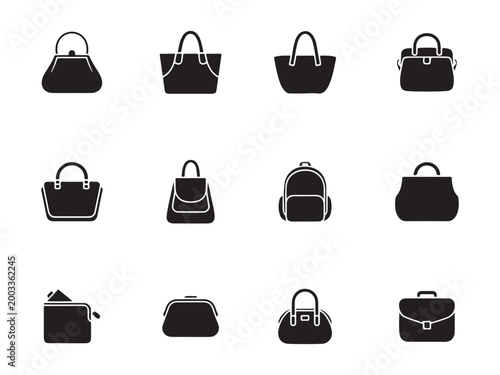 Women Handbag and Purse Silhouette Icons - Black Fashion Bag Symbols