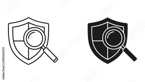 Φωτογραφία Black and white line icons of shield and magnifying glass for security and inves