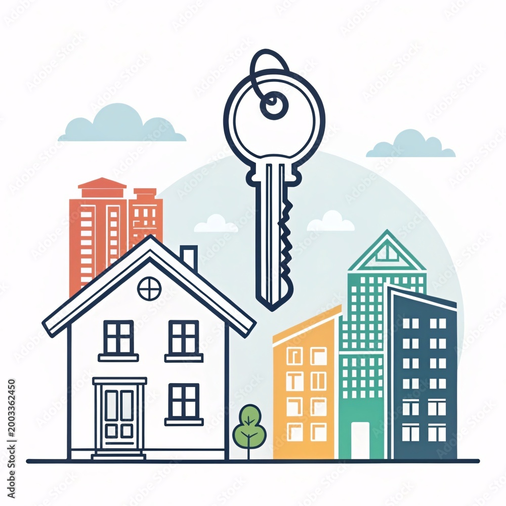 Obraz premium A colorful illustration of a house and buildings with a large key in front isolated on white background