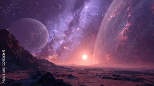 Exoplanet Landscape with Two Moons and Distant Sun, Purple Nebula Sky