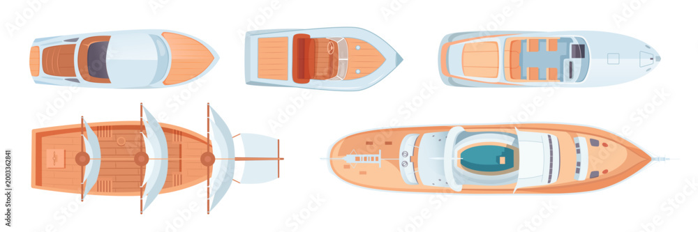 Obraz premium Top view sea boats and ships set. Aerial view of various water transport. Water vessels. Carriage and maritime transportation. Vector illustrations collection.