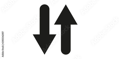 Minimalist black vertical arrows pointing in opposite directions on a white background. This vector illustration is a versatile UI icon for data exchange, updates, or comparison.