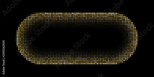 Halftone rectangular frame. Golden dotted pill shapes on black background with stipple texture and soft gradient density. Graphic element for modern layouts. Abstract vector illustration.
