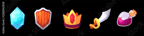 Game ui icons. Crystal, shield, crown, sword, potion. Casino interface slot badge kit. Golden achievement trophy collection. Mobile app key elements. Cartoon vector illustrations set.