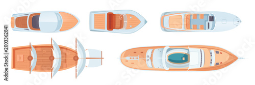 Top view sea boats and ships set. Aerial view of various water transport. Water vessels. Carriage and maritime transportation. Vector illustrations collection.