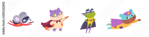 Superhero animals set. Cute funny zoo collection of bear, frog, mouse, cat. Strong superman characters with hero costume and masks. Cartoon vector illustration.