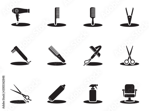 Hair Styling Tools and Professional Barber Equipment Icon Set Vector
