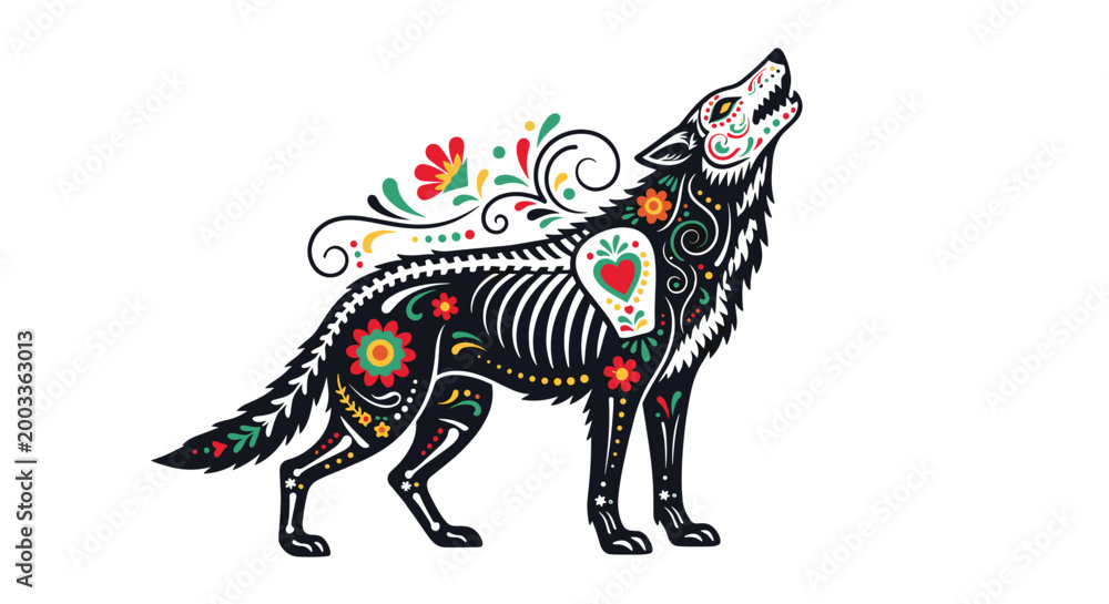 Fototapeta premium Artistic howling wolf silhouette decorated with colorful floral patterns and bone details inspired by traditional Mexican folk art.