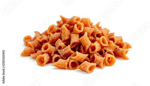 Pile of dry tomato pasta isolated on white background