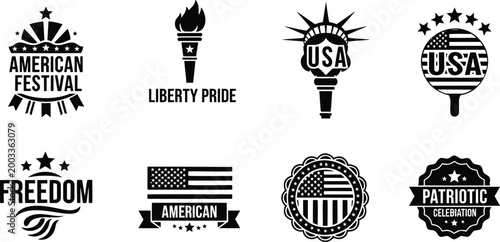 American festival insignia and torch icons vector illustration for liberty patriotic events.