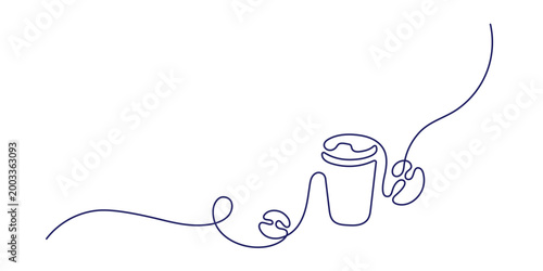 One line coffee mug sketch with aroma beans. Minimal illustration in continuous drawing style. Linear art for morning cafe, hospitality design, breakfast corner for menu card. Editable stroke
