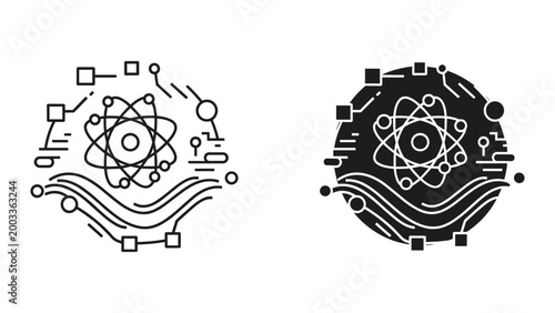 Bild auf Leinwand Black and white atom and circuit line art icons with technology symbols on white