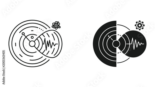 Fotografie Vector illustration of atomic structures with waveform and electron orbits in bl