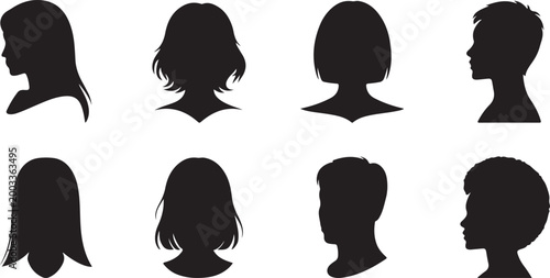 Collection of eight different human head silhouettes in various hairstyles and angles