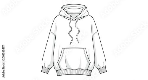 Simple black and white line drawing of a comfortable oversized hoodie with a front pocket and drawstring hood.