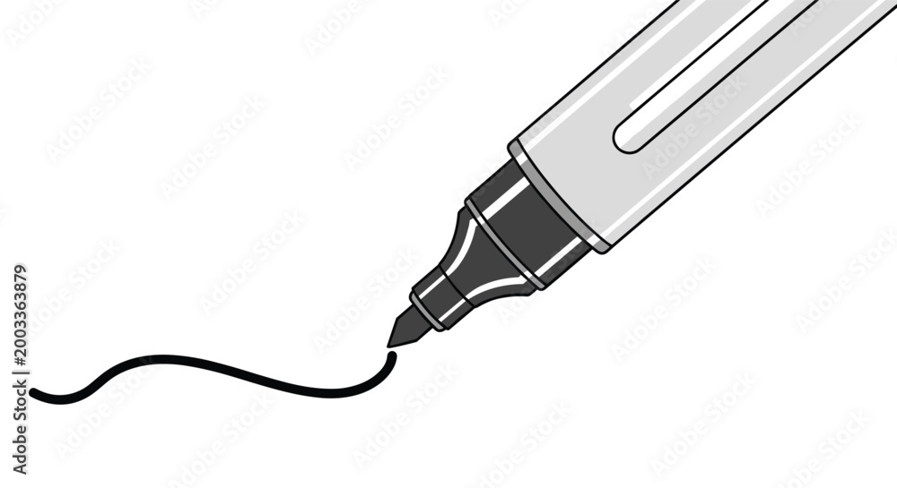 Obraz premium Close up of a gray marker pen drawing a thin black wavy line on a white surface, representing graphic design, sketching, or handwriting.