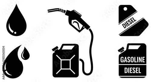 Black icons illustrating various fuel types, including gasoline, diesel, drops, and a dispensing pump.