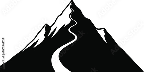 Black and white mountain peak icon with a winding path leading to the top