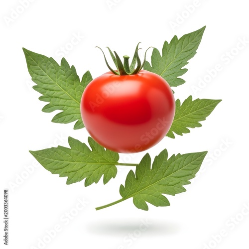 Fresh red tomato flying with green leaves isolated on white background.