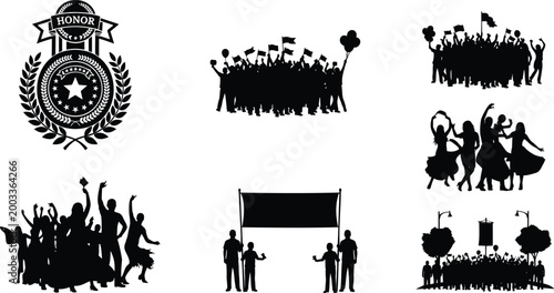 National honor emblem and crowd silhouettes vector illustration for public ceremony parade.