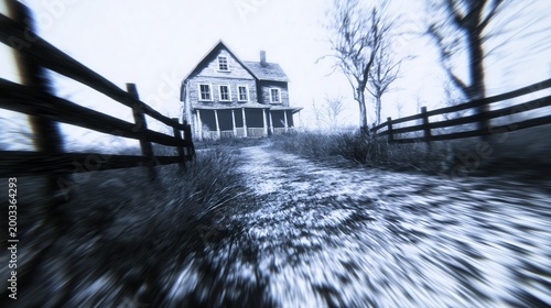 Black and white picture of abandoned haunted house with a fence in front of it. Motion blur effect.