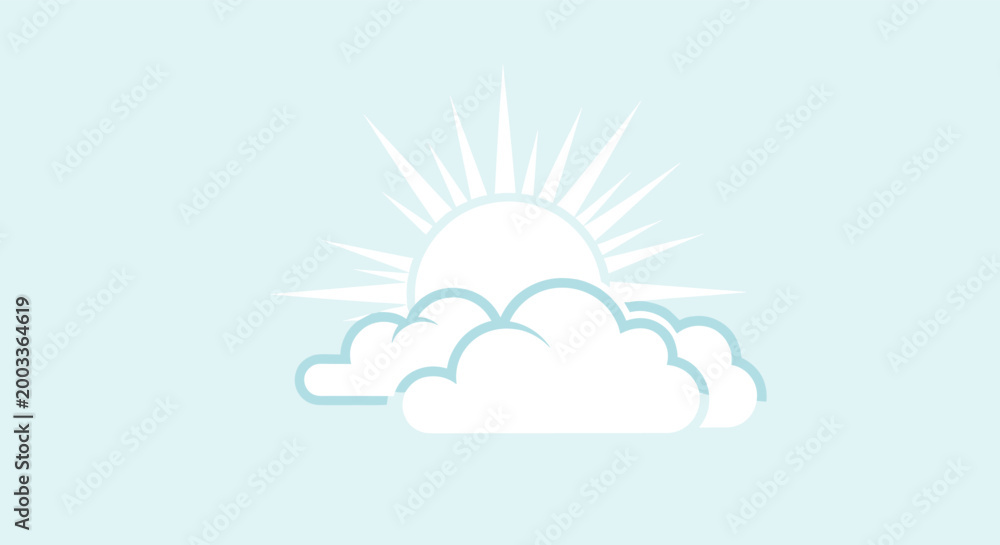 Fototapeta premium Minimalist white sun rising behind clouds on a light blue background for weather forecast or clean energy concepts.