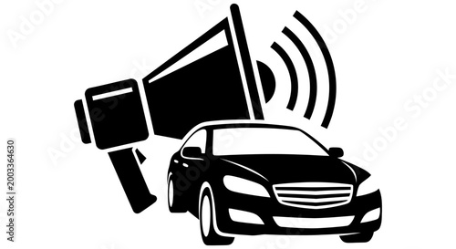 Megaphone advertising a car with sound waves for marketing and promotion purposes effectively